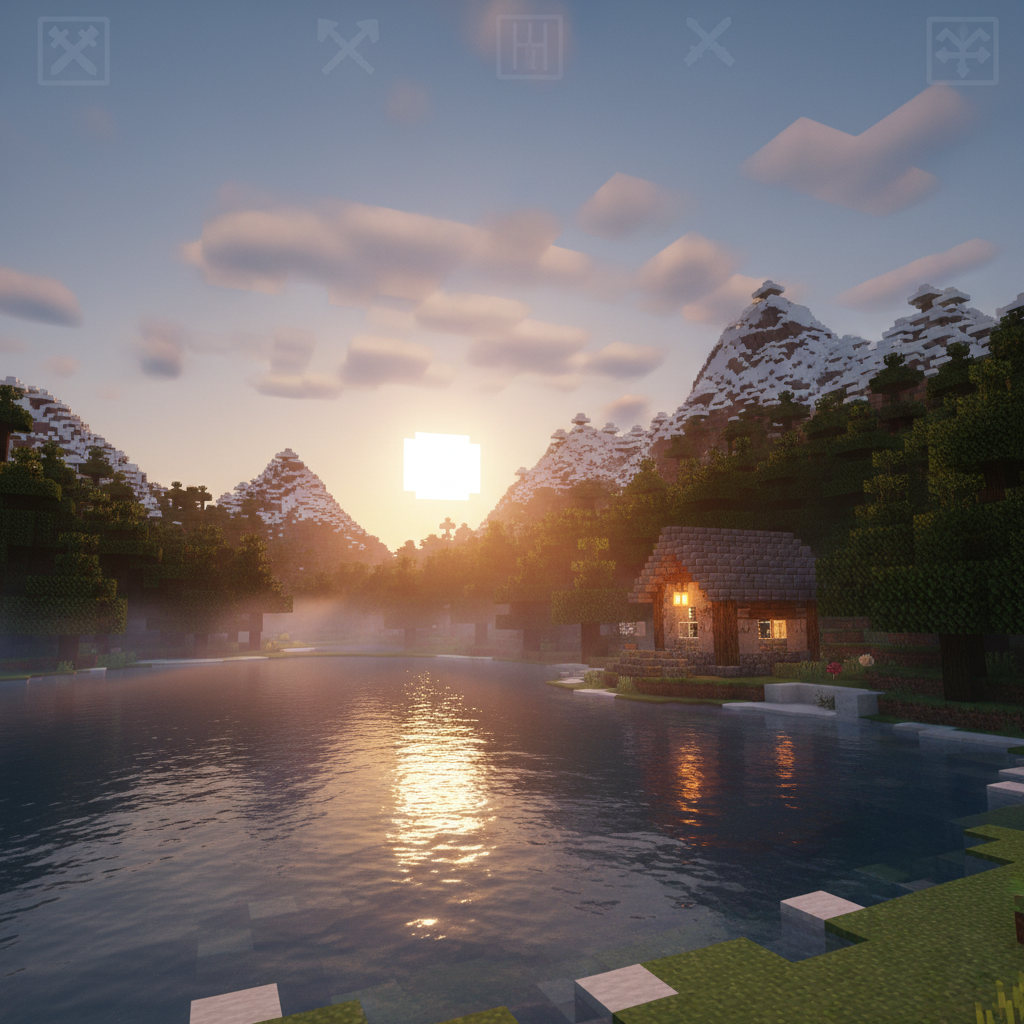 A serene cinematic sunrise over a Minehalla wilderness landscape on the SMP server, featuring a lush, procedurally generated forest transitioning into snow-capped mountains. In the foreground, a small, expertly built starter base of spruce and stone sits beside a reflective blocky lake, its windows softly glowing. Morning mist clings to the treeline, and the low sun casts warm, golden light that sparkles across the water and highlights the geometry of each block. In the distant sky, faint, translucent emblem-like shapes suggest server branding without text. Shot from a low shore-level perspective with leading lines from the shoreline, the mood is calm, inviting, and adventurous, with high-resolution, photographic realism and gentle cinematic depth of field.
